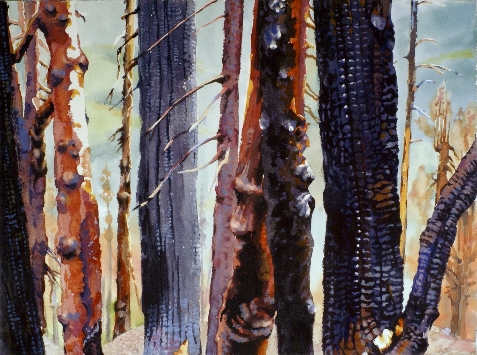 Charred, Still Standing is a Suze Woolf watercolor painting