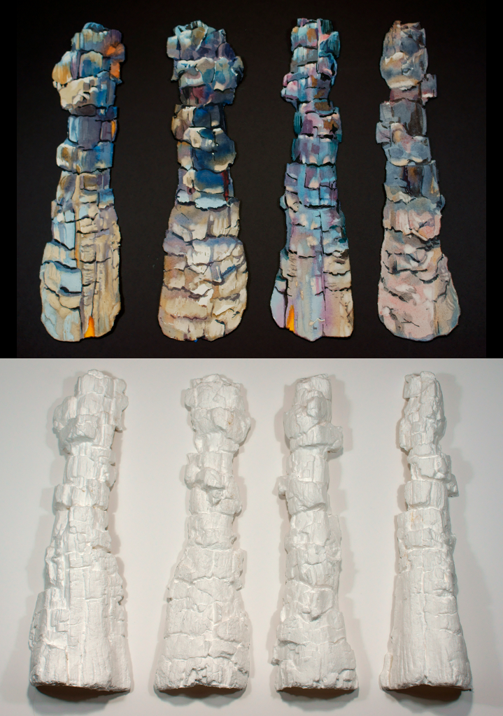 Suze Woolf painting and papercasts of the same burned log 