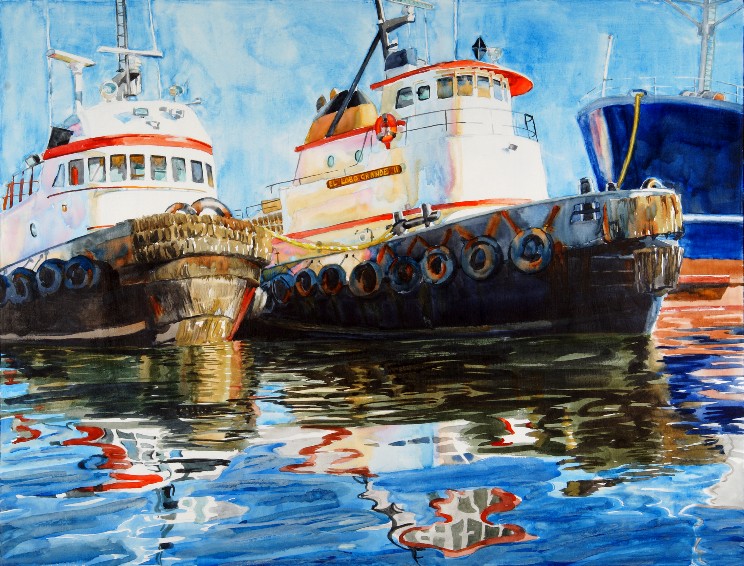 Incidence of Reflection is a Suze Woolf watercolor painting of two tugboats.