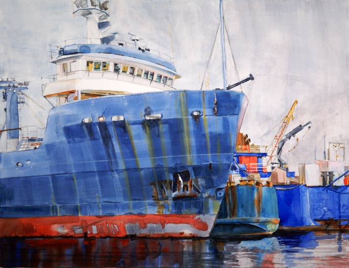 Line-up at Dry Dock is a watercolor on gesso painting by Suze Woolf