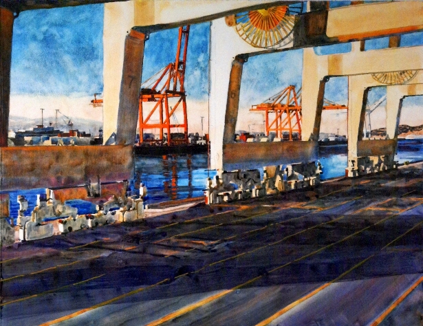 Load Bearing is a Suze Woolf watercolor on gesso painting of industrial maritime scene
