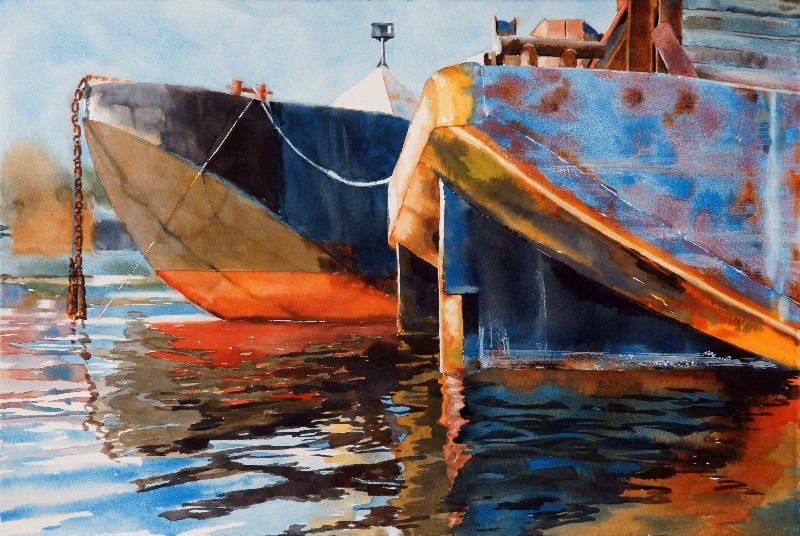 Sunrise Barges is a Suze Woolf watercolor painting of barges