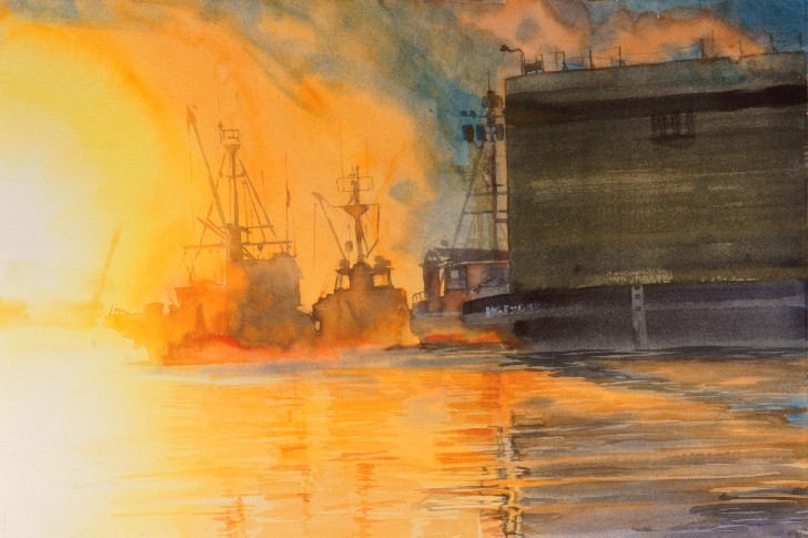 Sunrise on the Ship Canal is a watercolor painting by Suze Woolf