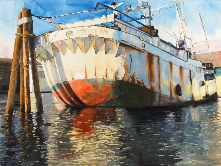 The Golden West is a Suze Woolf watercolor painting of a derelict vessel
