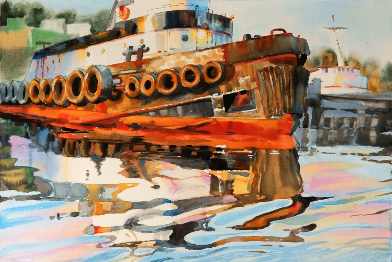 Time to Get to Work is a Suze Woolf watercolor painting of a tugboat