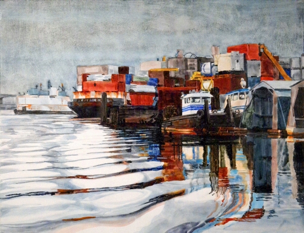 Working Waterfront is a Suze Woolf watercolor on gesso painting.