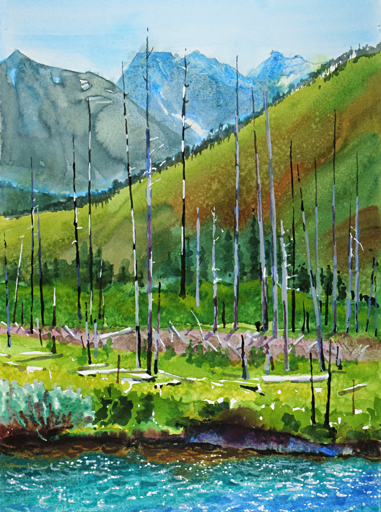 Suze Woolf painting of distant peaks foreground fire near Glacier National Park