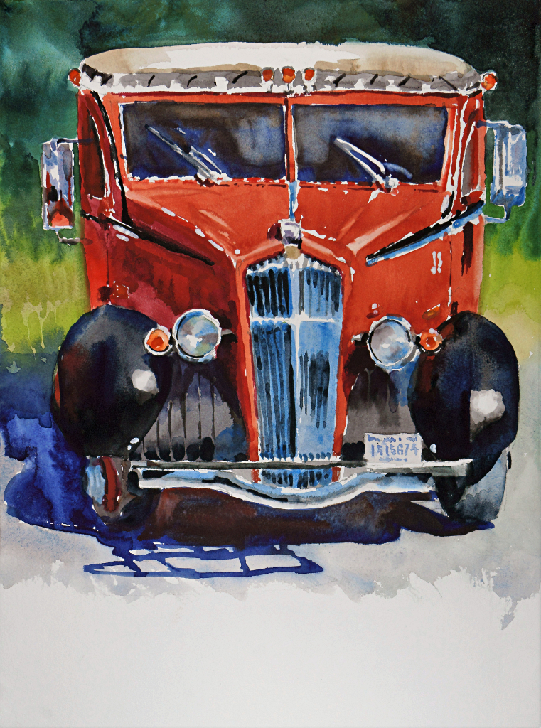 Suze Woolf painting of a Glacier National Park red tour bus