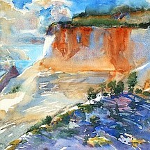 Section of Suze Woolf watercolor painting of Zion National Park