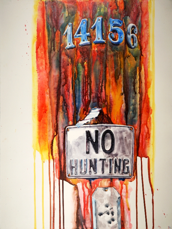 Mosquito Lake Road.14156 (No Hunting) is a watercolor on gesso painting by Suze Woolf
